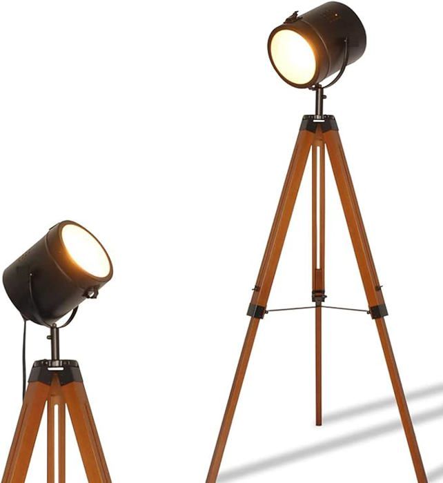 ALPINALUZ Lampe sur Pied Cinéma Trépied en Bois Naturel Hauteur Ajustable Style Vintage