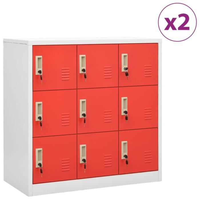 anself armoire de bureau metallique armoire à casiers métal avec 9 casiers 2 pcs gris clair et rouge 90x45x92,5cm acier