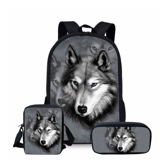Sac à Dos Enfant Motif Loup – Cartable Scolaire 42x31x15 Cm – Nylon Résistant