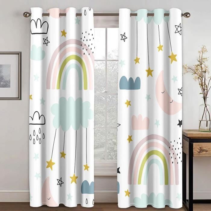 2 Rideaux Occultants Licorne Pour Chambre Enfant - Double Couche Avec étoiles Découpées - Occultation 80% - Attaches Fleurs Incluses