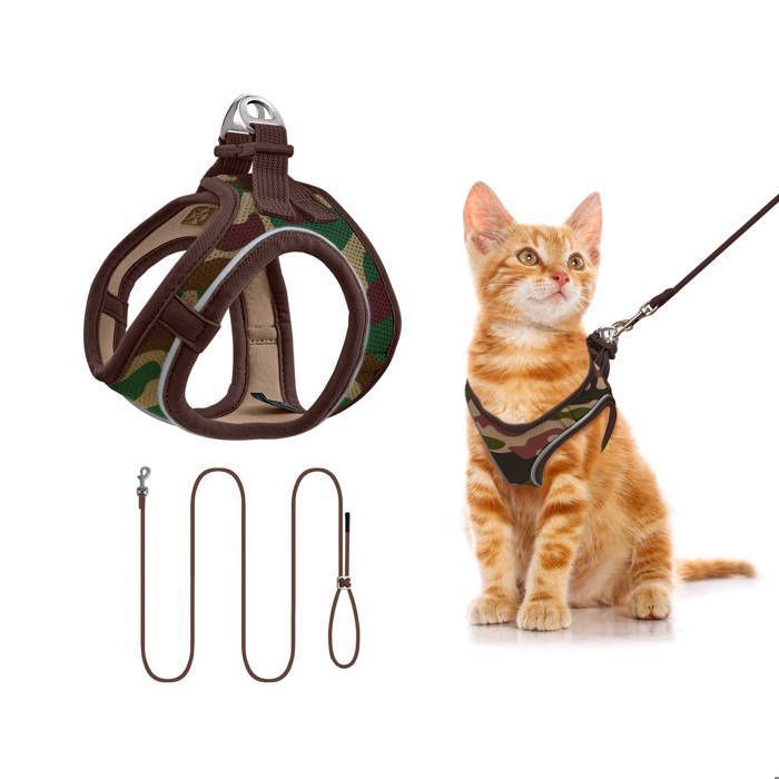 Qianruida Harnais Et Laisse pour Chat Harnais Réglable avec Bandes Réfléchissantes Facile à Enfiler-Camouflage XS