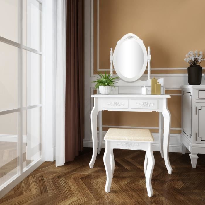 Coiffeuse Table à 4 tiroirs + miroir + 2 séparateurs + tabouret 75 x 40 x 143 5 cm Blanc Coiffeuse Table à 4 tiroirs + miroir + 2 séparateurs + tabouret 75 x 40 x 143 5 cm Blanc