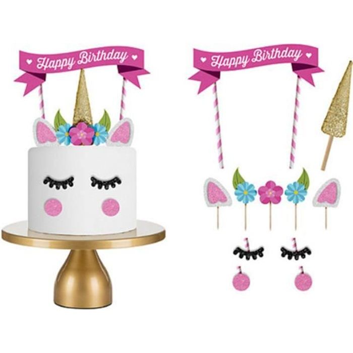 6 décorations de gâteau anniversaire fille licorne rose