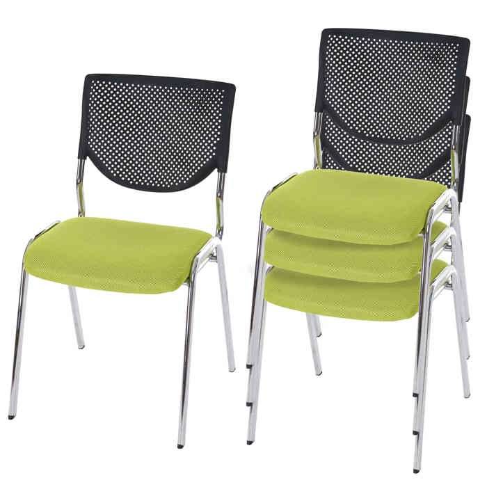 4x chaises visiteur fauteuil de bureau sans roulettes chaise de conference empilable tissu vert pieds chromes 04_0000551