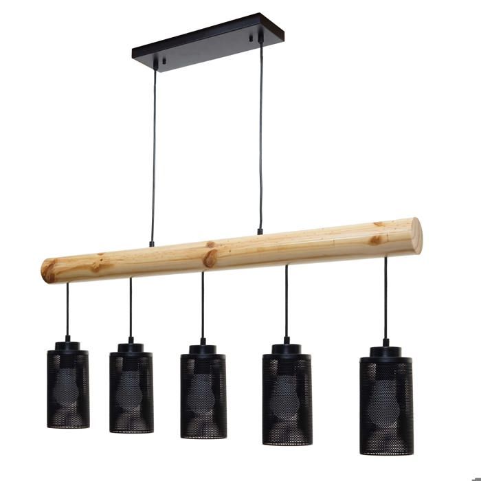 Lampe a suspension de plafond style vintage industriel en bois massif metal noir 5 abat jour en tube 04_0003600 Lampe a suspension de plafond style vintage industriel en bois massif metal noir 5 abat jour en tube 04_0003600