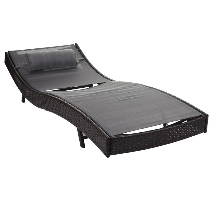 Chaise longue transat bain de soleil pour jardin poly rotin marron housse gris 04_0004809