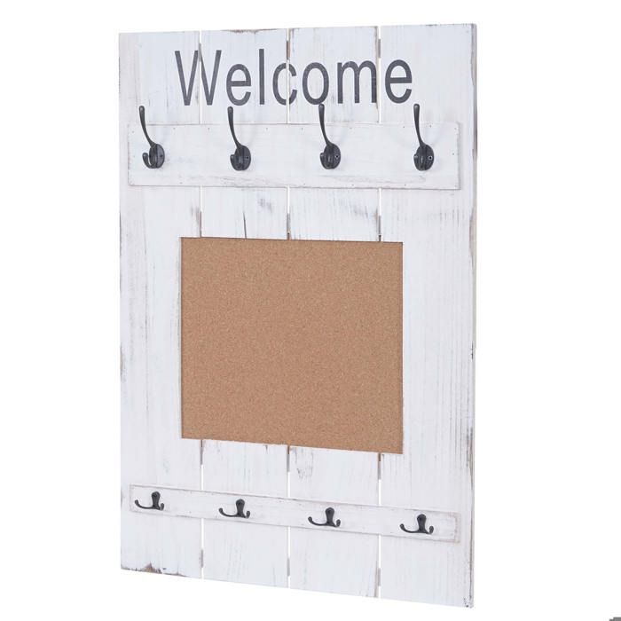 Porte manteau mural panneau d affichage style vintage avec 8 crochets 91x60cm en bois blanc vieilli 04_0000998 Porte manteau mural panneau d affichage style vintage avec 8 crochets 91x60cm en bois blanc vieilli 04_0000998