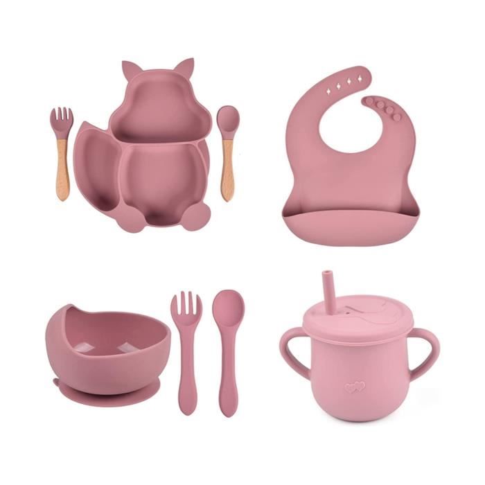 Bizcasa Coffret Repas Bebe 14 Pièces, Vaisselle Antiderapant Pour Bébé Set Silicone Avec Ventouse Assiette Bol Fourche Cuillère Bavoir Et Tasse, Assiette Enfant Set, Sans BPA (14pcs-Rose Clair