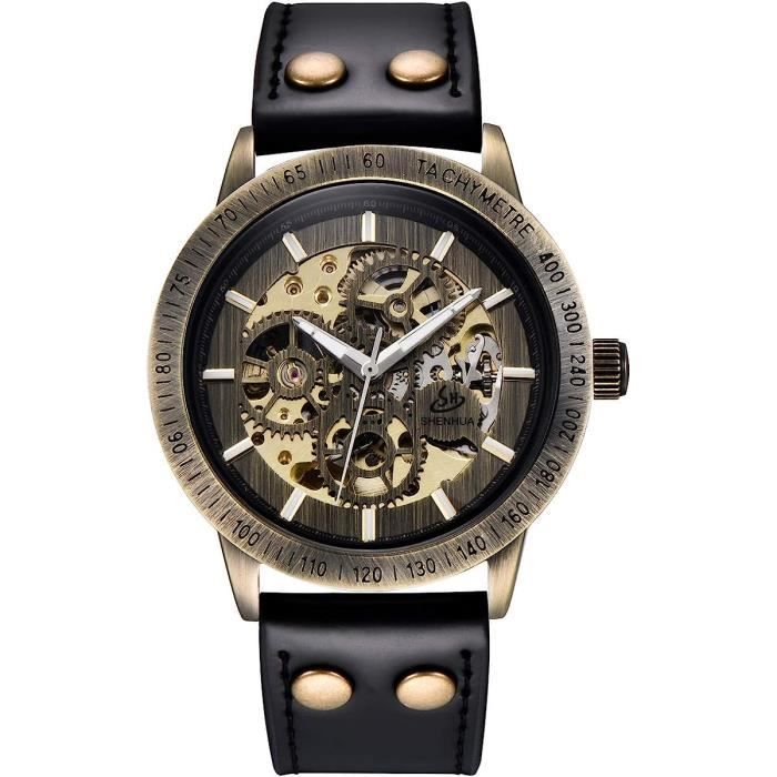 Montre Automatique Squelette IK Argent Bracelet Cuir Noir 44 Mm Unisexe Neuve Alienwork