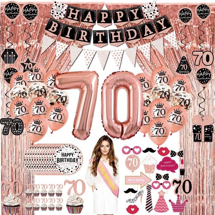 70 Ans femme homme Décoration Fête Anniversaire - (76 pack) bannières black  gold, ballons, nappes, cupcake, couronne, accessoires photo, Echarpe pour