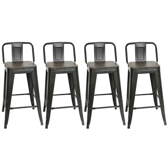Lot de 4 chaises de bar style industriel avec dossier en métal - Hauteur assise 63.5 cm - YYIXING