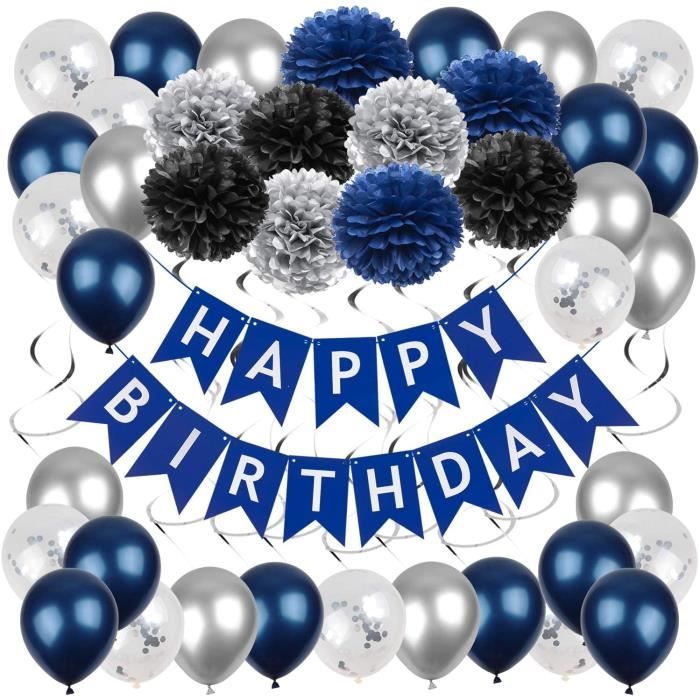 Decoration Anniversaire Homme Bleu Marine Banderole Joyeux Anniversaire Ballon Anniversaire Bleu Fonce Argent Pompons En Papier Pour Cdiscount Maison