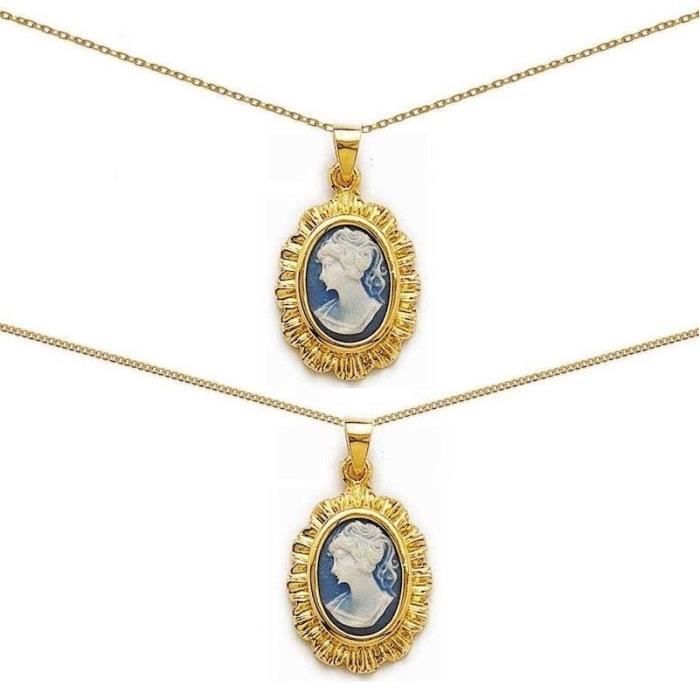 Collier Vintage Camée Coquille Sur Chaîne Filigranée - Plaqué Or Jaune, Pendentif Bleu, Occasion