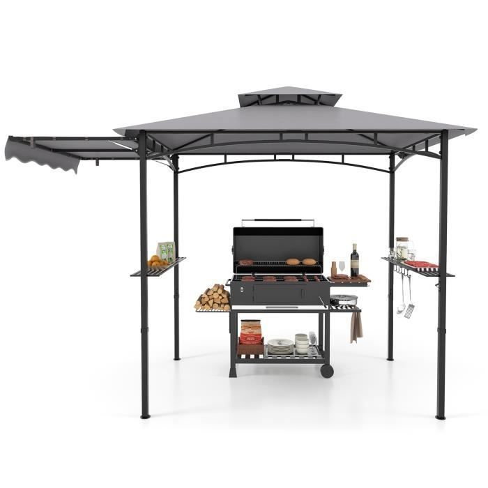 Tonnelle de Barbecue 318 x 153 cm COSTWAY-Auvent Latéral-Toit à 2 Niveaux-2 Etagères Latérales-Crochets de Suspension-Décapsuleur