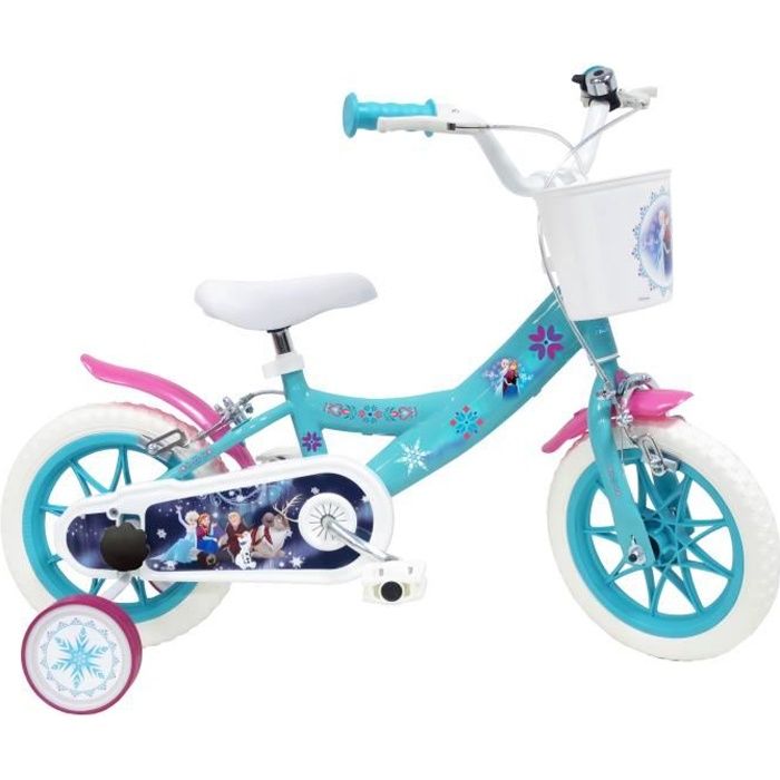 Vélo Enfant 16 Pouces Fille Frozen – Panier, Porte-poupée, Casque Inclus – Freins, Stabilisateurs – Bleu Blanc