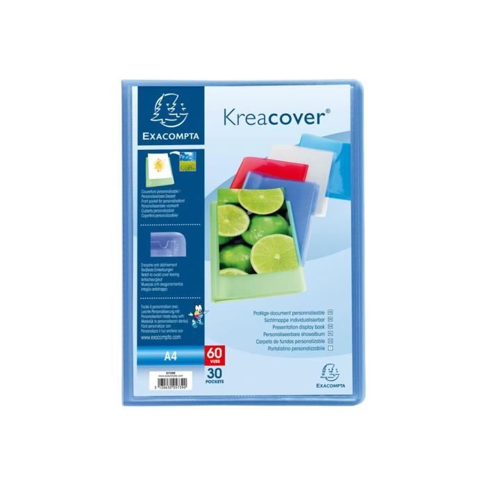 Exacompta KreaCover Chromaline Porte document personnalisable 60 compartiments 120 vues A4 bleu, violet, rouge, vert, cristal