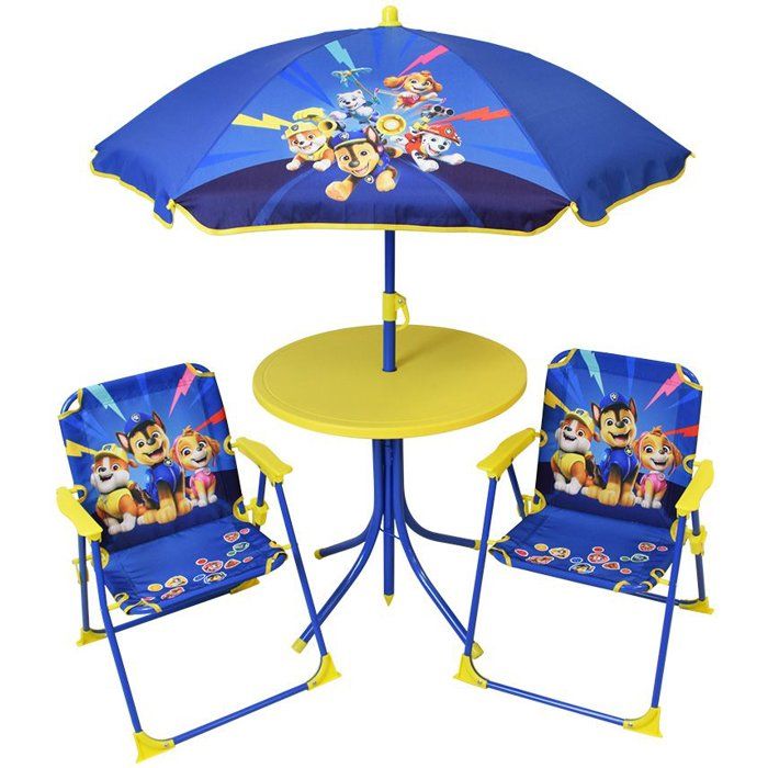 Salon de jardin FUN HOUSE PATPATROUILLE - 1 table 46 x Ø46 cm 2 chaises 53 x L.385 x P.375 cm et 1 parasol H.125 x Ø100 cm