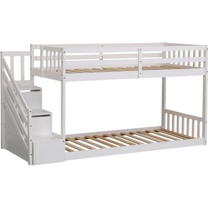 lit superposé pour enfants - happy garden - celestine blanc - avec tiroirs - bois massif
