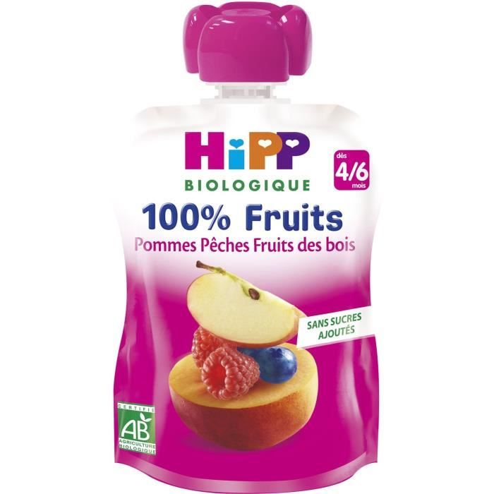 Hipp Bio 100 Fruits Gourde Pommes Pêches Fruits des Bois +4m 90g