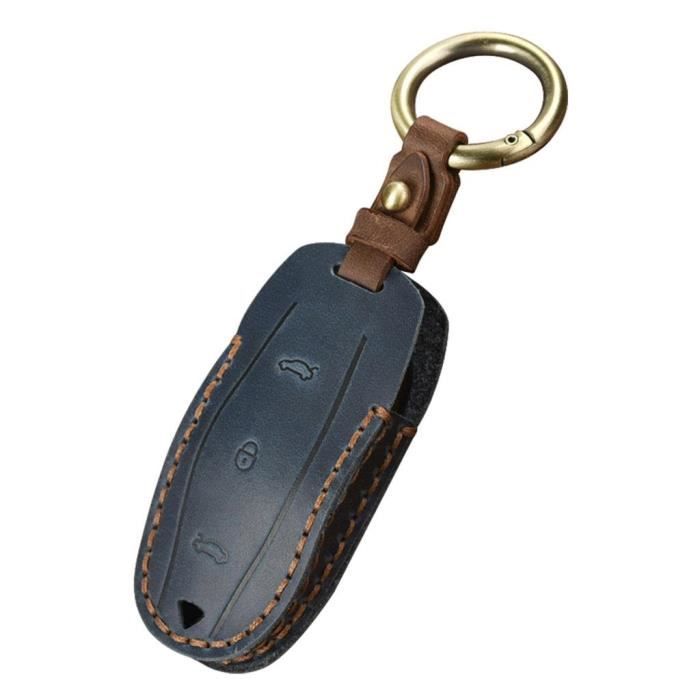 Housse De Clé En Cuir Véritable Pour Tesla Model 3/S/Y - Protection Contre Les Rayures - Noir - Avec Porte-Clés Métal