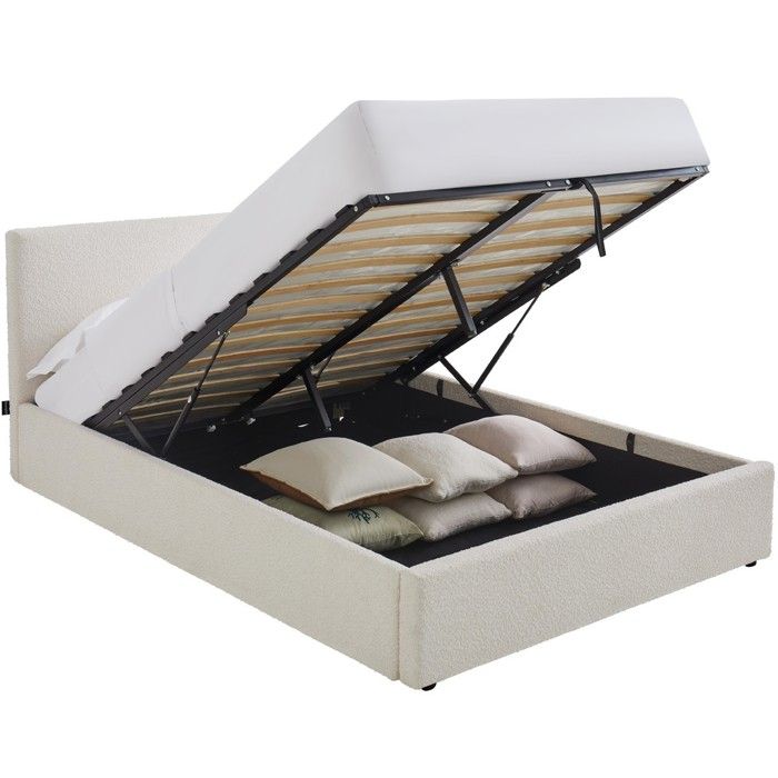 Lit coffre adulte 140x190 cm avec tête de lit matelassée en tissu bouclé beige et sommier - Tina