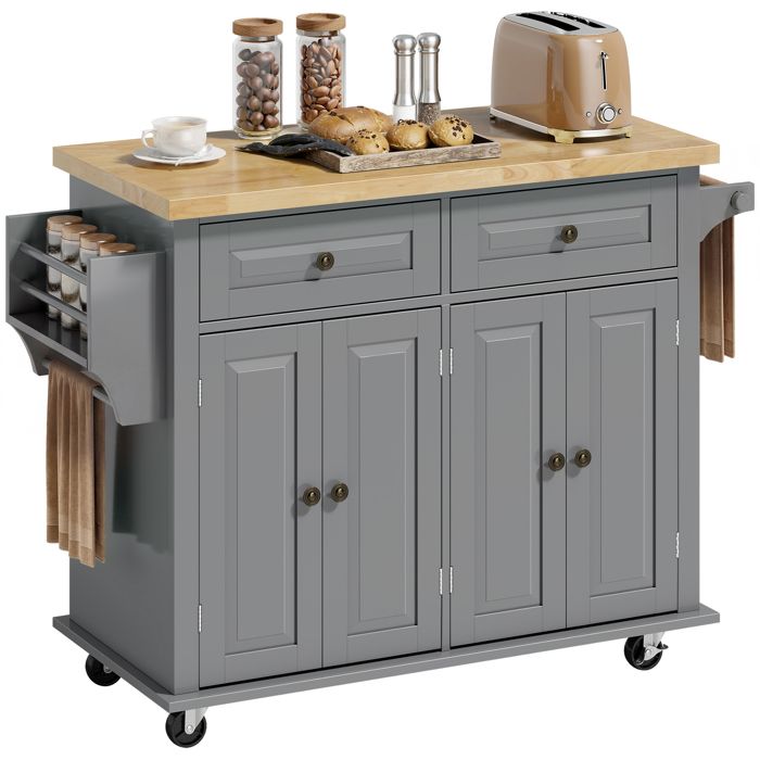 Desserte îlot de cuisine - HOMCOM - 2 tiroirs 2 placards 2 portes range-bouteille réglable - MDF hévéa - gris