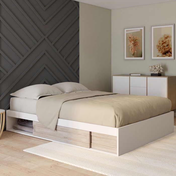 IDMARKET Cadre de lit double SALEM avec rangements et sommier 140 x 190 cm blanc et façon hêtre