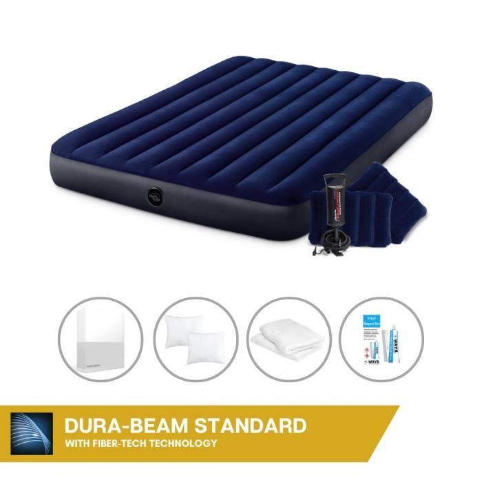 Intex Matelas gonflable - 2 personnes - 152 x 203 x 51 cm - Gris - Avec pompe intégrée + Drap