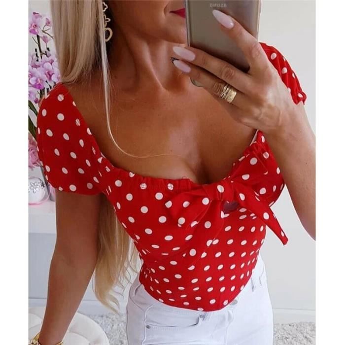 Chemisier vintage a manches courtes pour femmes haut court a pois avec n ud ete 2019 Rouge C9586 Blanc Cdiscount Pret a Porter