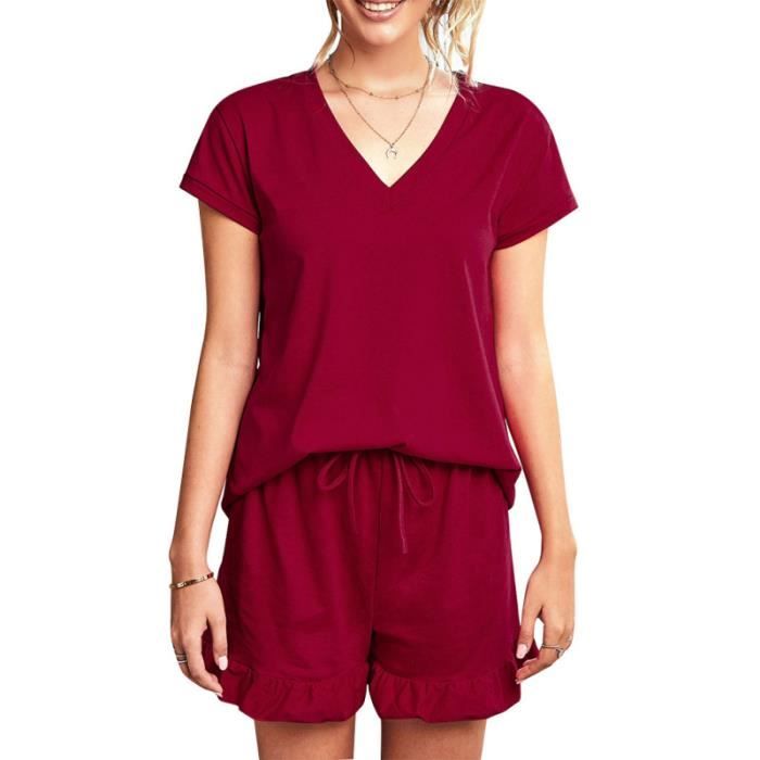 Ete Femmes Shorts Et Top Pyjama Ensemble T Shirt A Manches Courtes Col En V Vetements De Nuit Mode De Pour Femme Fille Dame Short Wine Red Cdiscount Pret A Porter