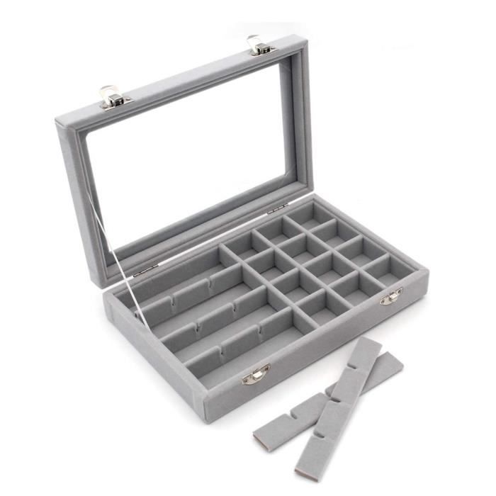 SOFPLATE Plateau à Bijoux 24 Grilles Empilable Velours Bois - Organisateur Bagues Boucles Colliers