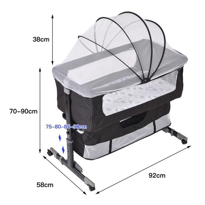 Lit D'appoint Mobile Bébé Berceau Cododo LANTUS 93x57cm - Pliable Avec Matelas Et Moustiquaire - 0-36 Mois - Réglable En Hauteur Lit Bébé Pliable
