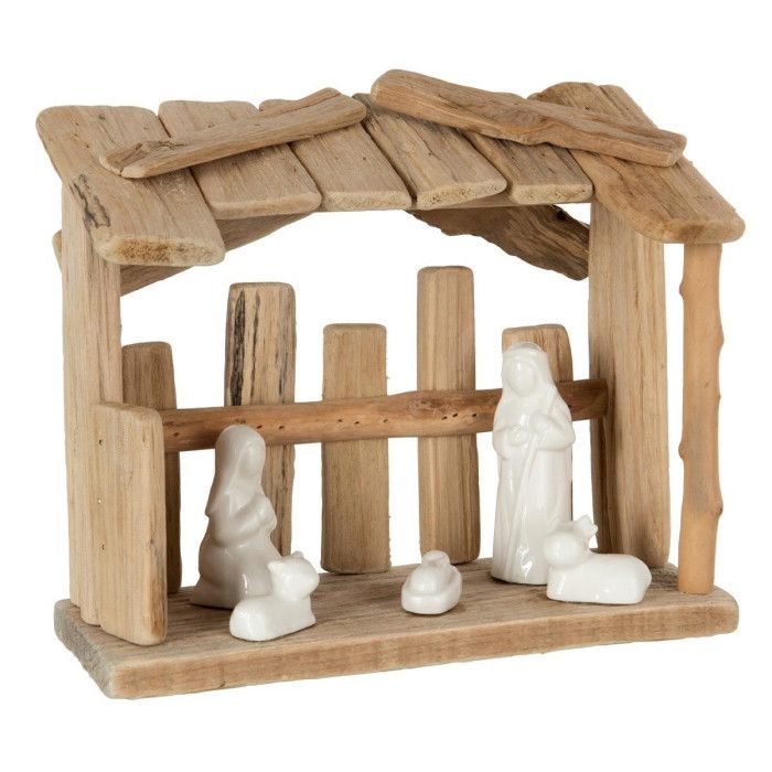 Crèche De Noël "toit Plat" 25cm Naturel & Blanc Paris Prix Beige