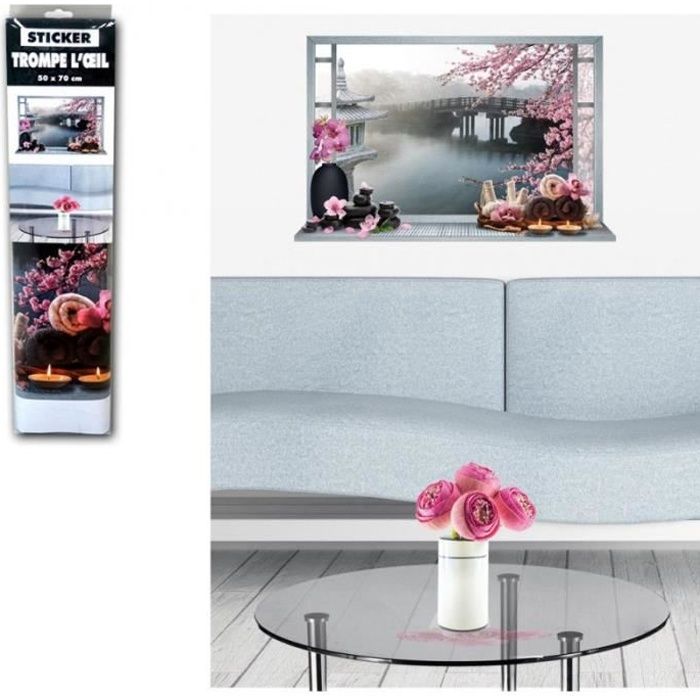 Sticker Mural En Trompe L Oeil Jardin Zen Cerisier En Fleur Cdiscount Maison