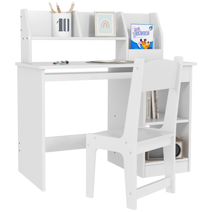 Bureau enfant avec chaise - ZONEKIZ - clavier coulissant tiroir niches et étagères ouvertes - 90 x 45 x 90 cm - blanc