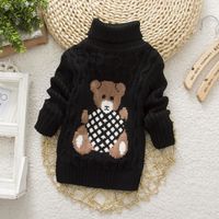 Pull Col Roulé Bébé Fille - Tricot Chaud à Grosses Torsades Avec Ours Imprimé, Doux Et Confortable