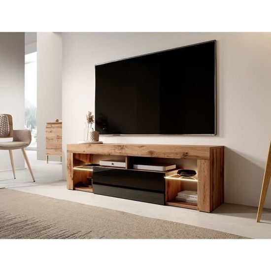 Meuble TV Selsey Hugo 140cm - Noyer Caravaggio/Noir - 4 Niches + Compartiment Fermé