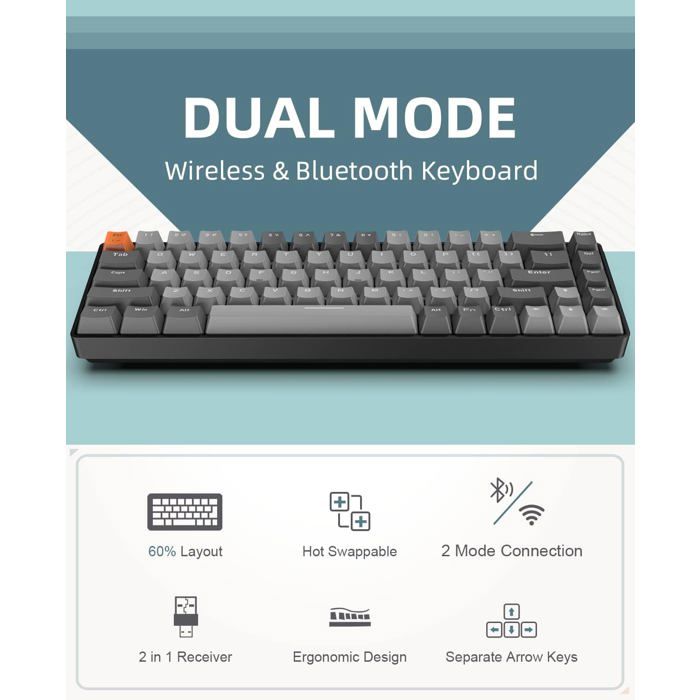 TMKB T63 Clavier Mécanique Gamer Sans Fil 60% – RGB Personnalisable, Bluetooth 5.0 / 2.4G / USB-C, Batterie 3000 MAh, Switchs Durables 60M Clics