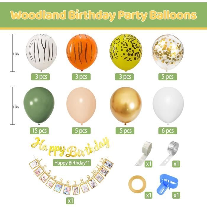 Ballons Jungle Safari Or & Vert – Décoration Anniversaire 2 Ans – Toppers Gâteau Animaux – Kit Complet Pour Fête Forêt