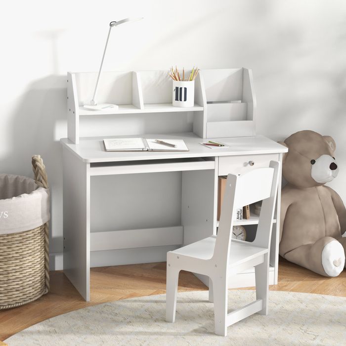 Bureau Enfant Réglable Avec Chaise - Hauteur Adjustable, Plateau Inclinable Et Rangements - Gris/Blanc - 6-12 Ans
