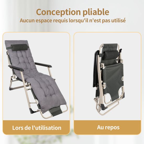 Chaise longue de jardin, pliable,Fauteuil d'extérieur,Transats,capacité de charge 160 kg,coussin d'assise amovible,Gris - Jardin