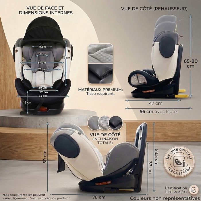 Siège Auto Pivotant 360° Groupe 0/1/2/3 (0-36 Kg) - Isofix, Top Tether, Harnais 5 Points - Norme I-Size - Tectake Linus