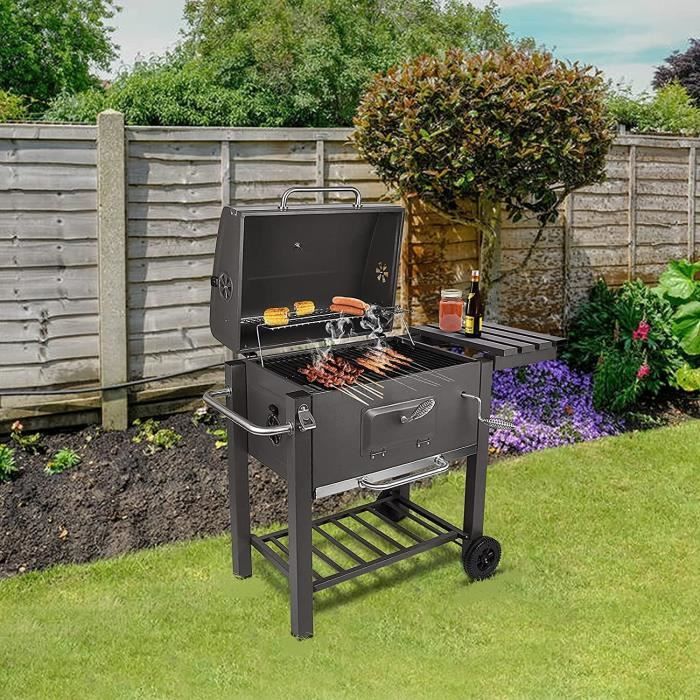 Barbecue Charbon XL Avec Chariot - Grille Réglable, Thermomètre, Roues - Pour Jardin