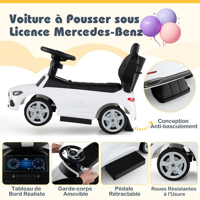 3 en 1 Mercedes-Benz Porteur Enfant avec Poignée Détachable & Auvent Amovible, Voiture à Pousser Bébé avec Volant & Klaxon, Charge 25kg pour 1-3 Ans (Blanc