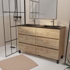 AURLANE Meuble de salle de bains 120 cm 6 Tiroirs Chêne Naturel + Vasque Double Céramique Noire - TIMBER