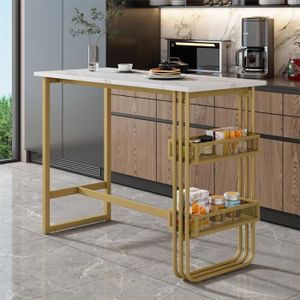 MANGE-DEBOUT Table de bar 120x48 cm, table haut droite avec étagères, pieds de support en métal doré, capacité de charge 50kg, Blanc et or