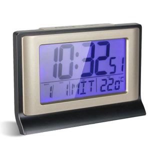Horloge Reveil Numerique Murale Radiopilotee - Calendrier - 6 Langues - 2  Alarmes - Temperature Ambiante - Murale ou Pied - 24 x 14CM - Motif Bois