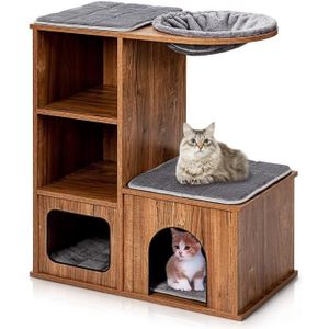 ARBRE À CHAT Arbre à Chat 3 Étages 81 CM - GOPLUS - en Bois - avec Niches/Plateformes/Tapis à Griffoir/Coussin Amovible - Charge 20 KG - Marron