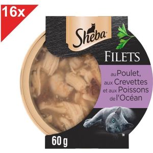 BOITES - PATÉES SHEBA Filets au poulet, crevettes & poissons de l'océan pour chat 16 dômes 60g