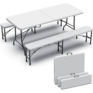 TABLE ET CHAISES CAMPING VOUNOT Ensemble de Table et bancs camping pliables 180cm HDPE blanc